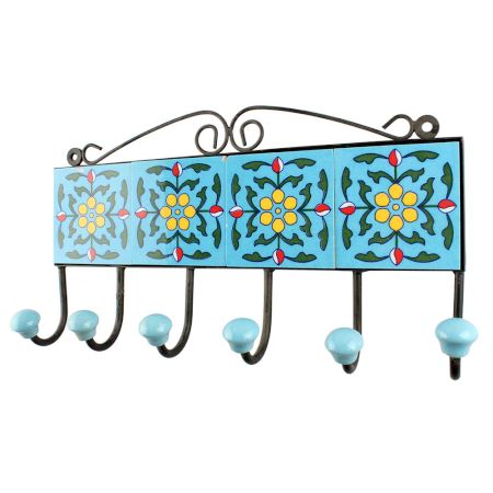 Turquoise Ceramic Floral Tiles Hook 